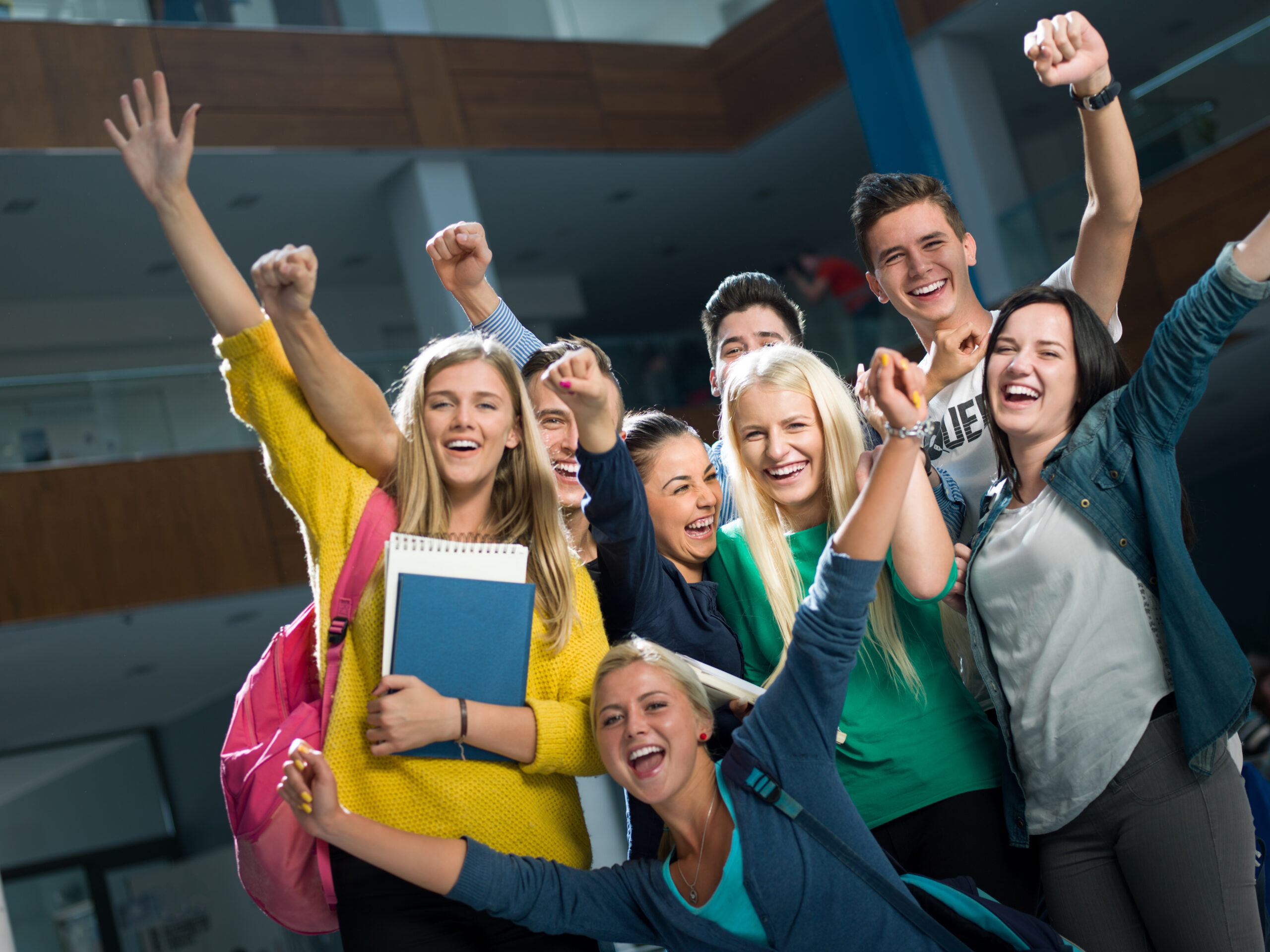 happy students group  study in classroom